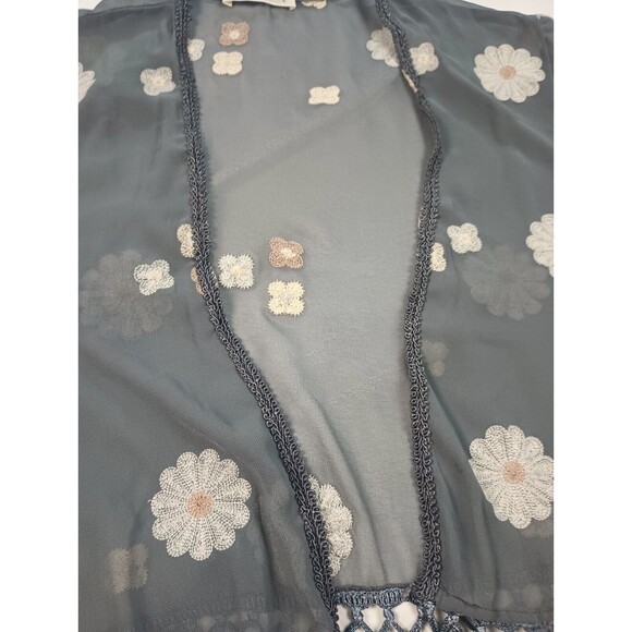 Hagel Sz L Gray Chiffon Open Front Cover Up Top Floral Kimono Tasseled - Picture 5 of 12